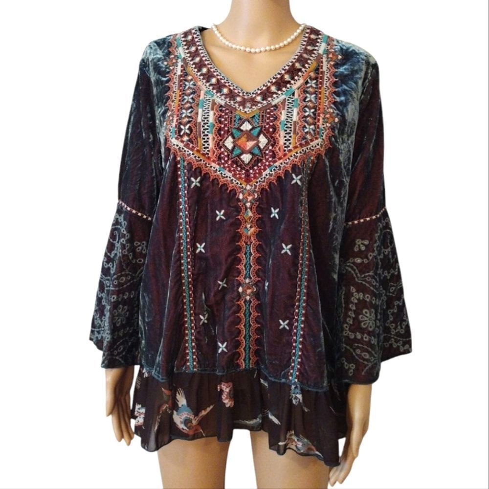 John Mark Multicolor Embroidered V-Neck Boho Blouse